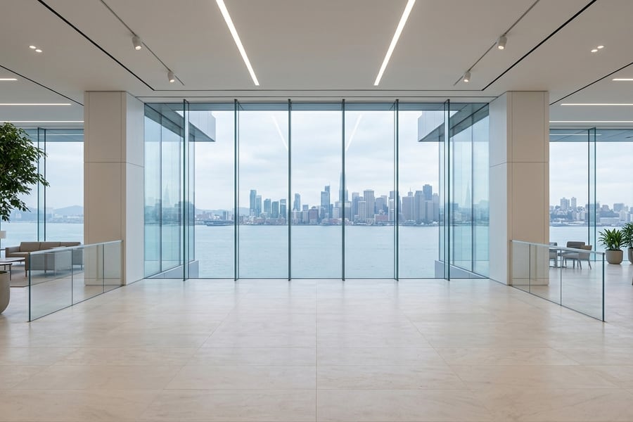 Glashalle am Wasser mit Blick auf die Skyline